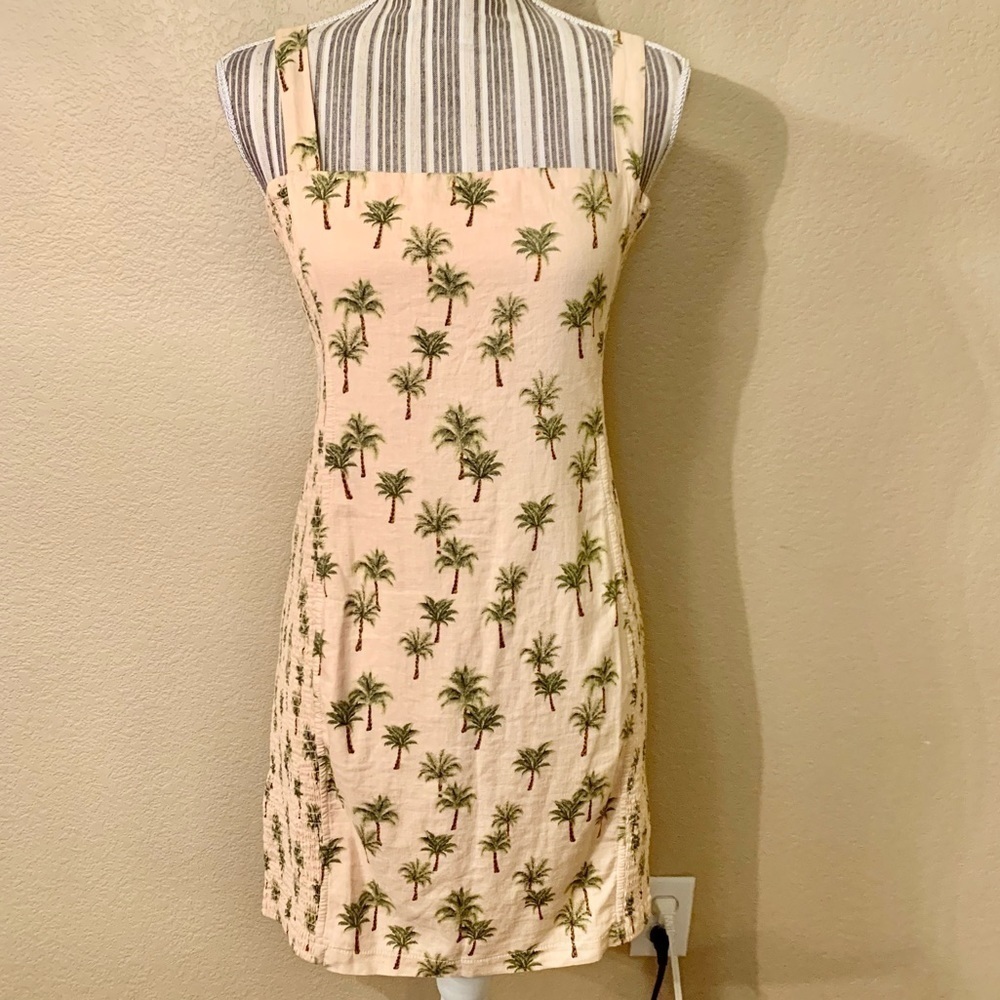 Robin K Dress Large Jrs Pink Green Tropical Design Palm Trees Mini Sleeveless
